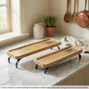Farmhouse Style Wooden Serving Platter On Metal Stand - Set Of 2