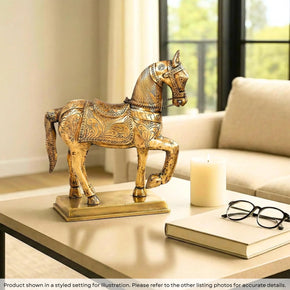 Vintage Solid Wood Carved 16 in. Tall Horse Statue Cladded With Embossed Brass Foil