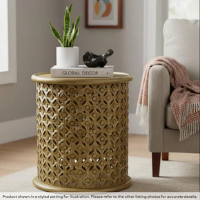 Modern Solid Wood Lattice Carved 17" Round End Table