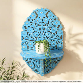 Farmhouse Style Distressed Blue Wooden Lattice Wall Display Shelf