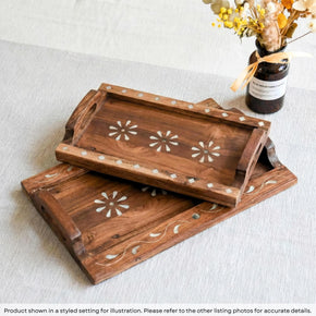 Unique Wooden Decorative Tray With Bone Inlay Flowers- Set of 2