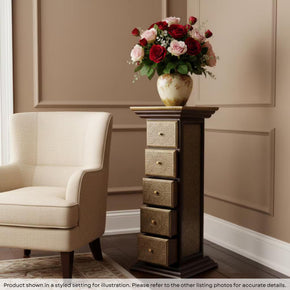 Unique Wooden Pedestal With Drawers Accented With Hand Embossed Brass Foil