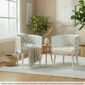 Farmhouse Style Lattice Carved Solid Wood Distressed White Accent Chairs - Set of 2