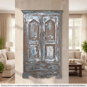 Vintage Distressed Blue Teak Wood 59 in. Tall Door Repurposed Wall Decor