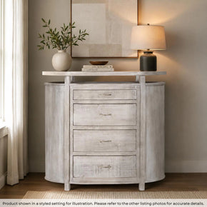 Mid Century Mod Oval 4 Drawers Solid Wood Dresser In Distressed White
