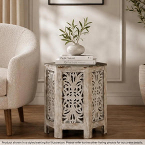 Transitional Style Hand Carved Solid Wood Lattice Hexagon End Table