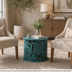 Farmhouse Style Hand Carved Lattice Distressed Blue Round Side Table