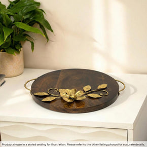 Artistic 12 in. Round Wooden Tray With Metal Floral Accent