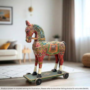 Vintage Hand Painted Wooden Horse On Wheels Statue