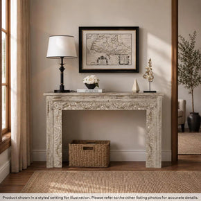 47 in. Long Mid Century Modern Solid Wood Carved Distressed Console
