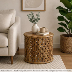 Modern Farmhouse Hand Carved Lattice 24" Round End Table