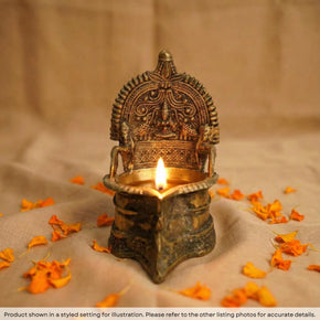 Antique Brass Oil Lamp With Embossed "Lakshmi"