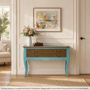 Distressed Blue Wooden Console Accented With Hand Hammered Brass Foil