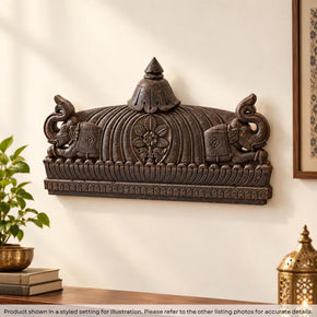 35” Wide Antique Solid Wood Carved Temple Header with Elephants
