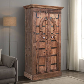 Natural Finish Hand Carved Antique Door Solid Wood Large Bedroom Armoire