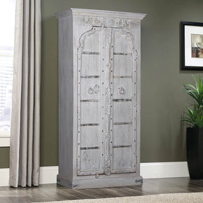 Antique Two Door Distressed White Armoire Bedroom Cabinet
