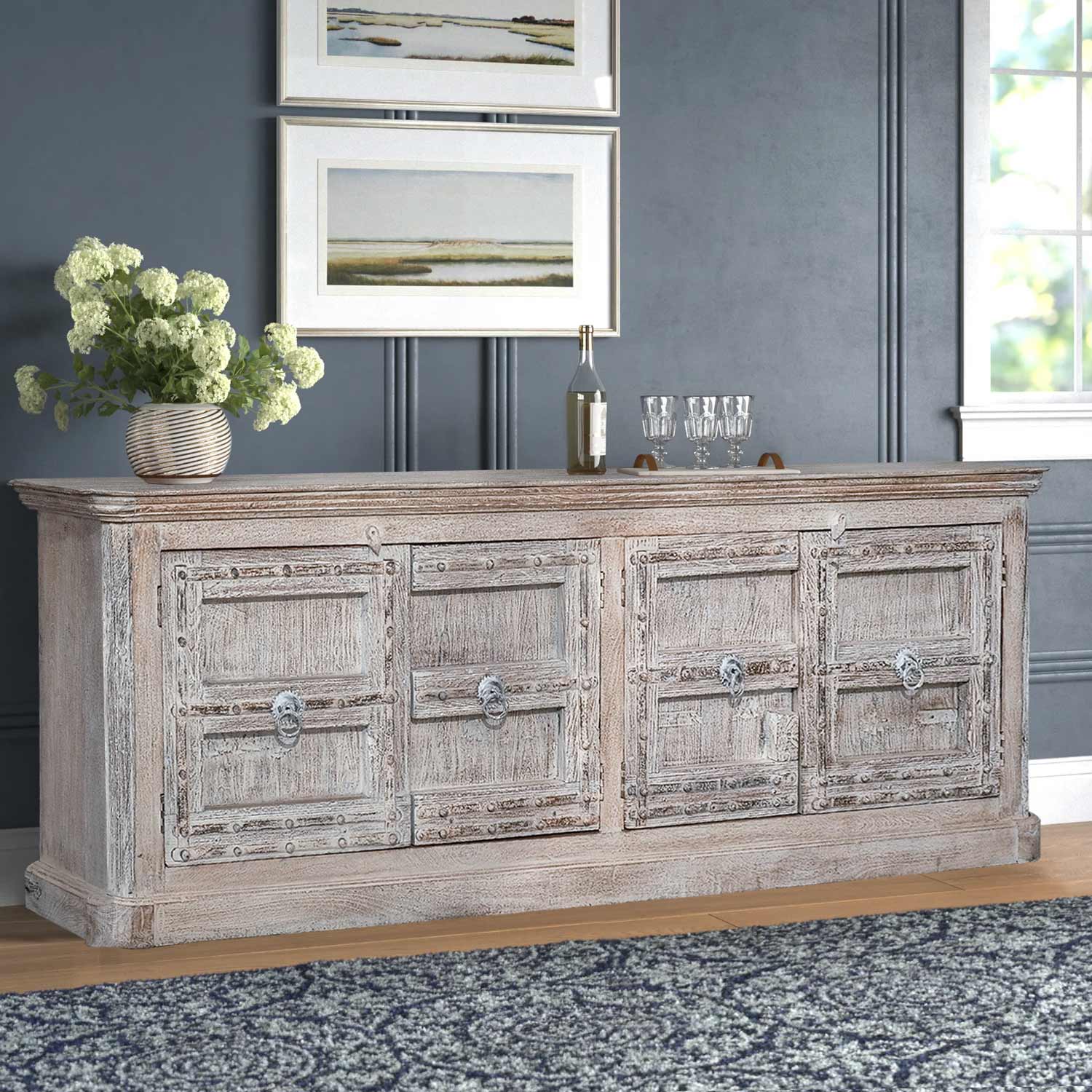 Extra Large 4 Door Solid Wood Dining Room Buffet Rustic Storage
