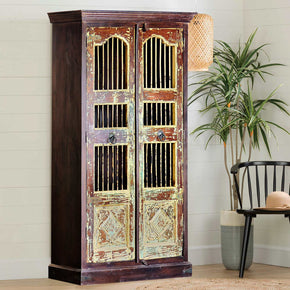 Farmhouse Style Solid Wood Vintage Iron Bar Door Repurposed 80" Tall Curio Armoire