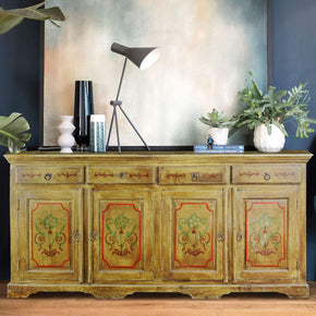 Vintage Hand Painted 4-Door Mango Wood Buffet With Drawers