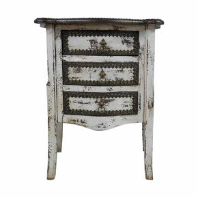 Transitional Distressed White Solid Wood 3 Drawers Nightstand With Brass Accents