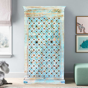 Distressed Painted Blue Hand Carved Solid Wood Bedroom Armoire