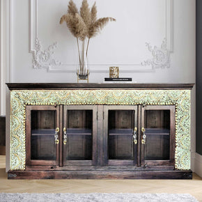 Farmhouse Style Carved Frame Sideboard 4 Glass Doors