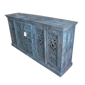 Farmhouse Carved Lattice Distressed Blue Buffet