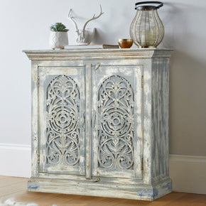 Transitional Carved Lattice Distressed White 2-Door Cabinet