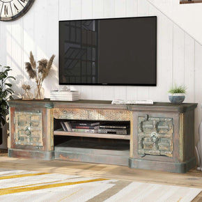 Rustic Solid Wood Media Console With Two Antique Doors