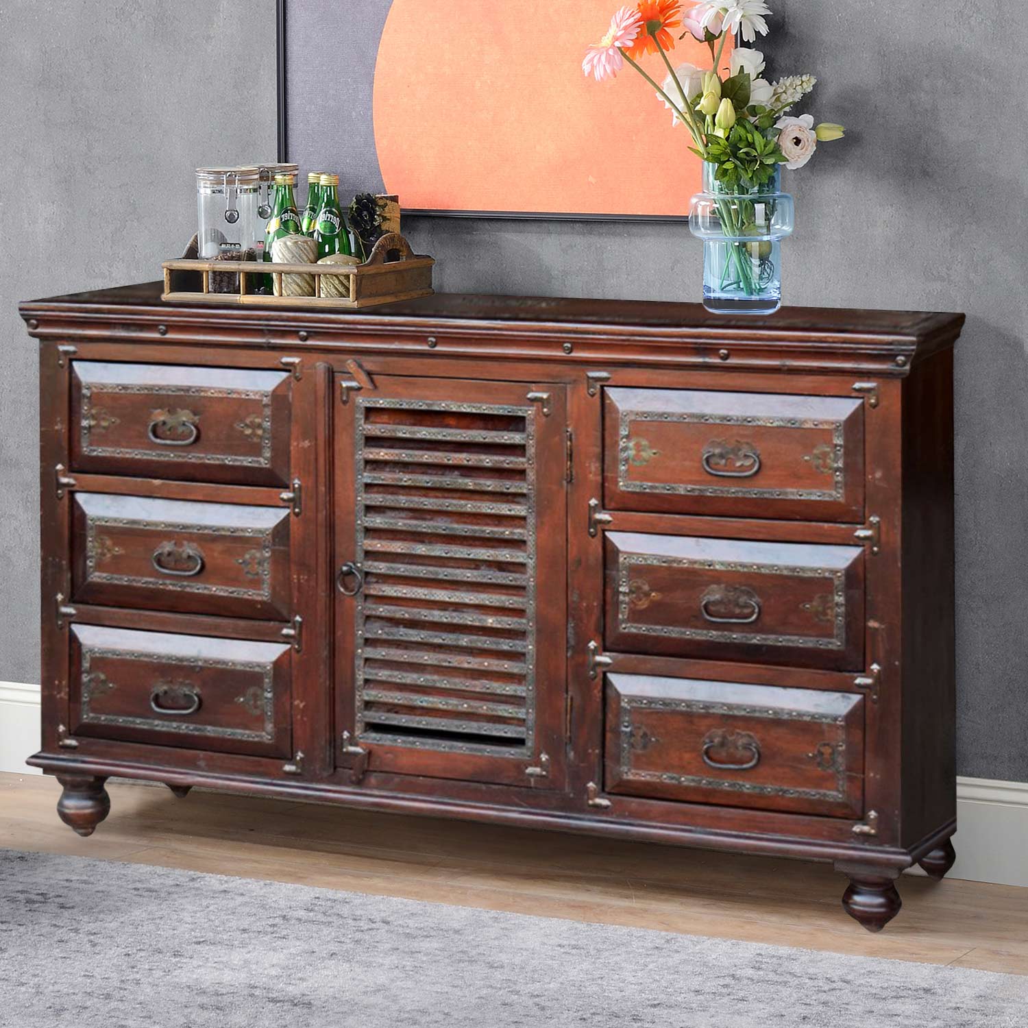 Eclectic Solid Wood Brown Bedroom Dresser Metal Accents Far