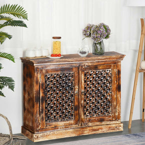 Distressed Lattice 2-Door Mango Solid Wood Cabinet With Nail Heads