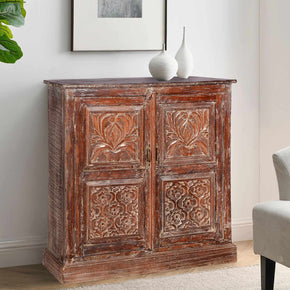 Distressed Carved Reclaimed Solid Wood 2-Door Storage Cabinet