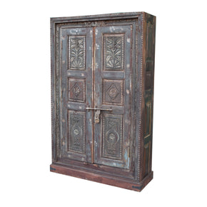 Rustic Antique Teak Wood Carved Door Large Armoire