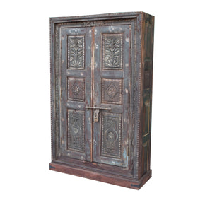 Rustic Antique Teak Wood Carved Door Large Armoire