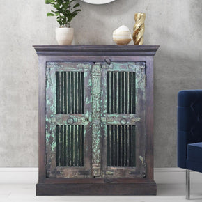 Rustic Iron Bar Wiremesh 2-Door Mango Wood Storage Cabinet