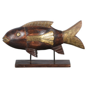 Unique Wood Fish Sculpture With Brass Accents