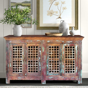 Farmhouse Style Lattice 4-Door Reclaimed Wood Sideboard