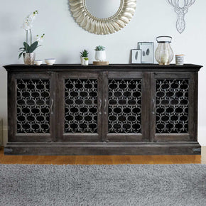 Tuscan Style 4-Door Mango Wood Large Sideboard With Decorative Iron Grill Inserts