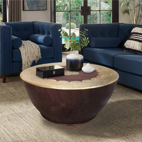 Eclectic Solid Wood Round Drum Coffee Table Brass Accents