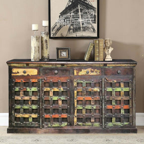 Reclaimed Teak Wood 4 Door Sideboard Cabinet With Drawers And Nail Heads