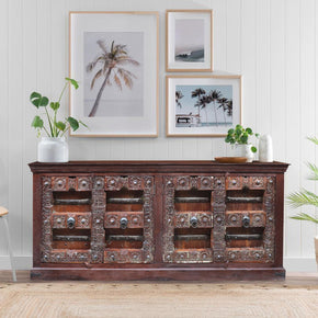 Antique Lotus Hand Carved Doors Sideboard Buffet