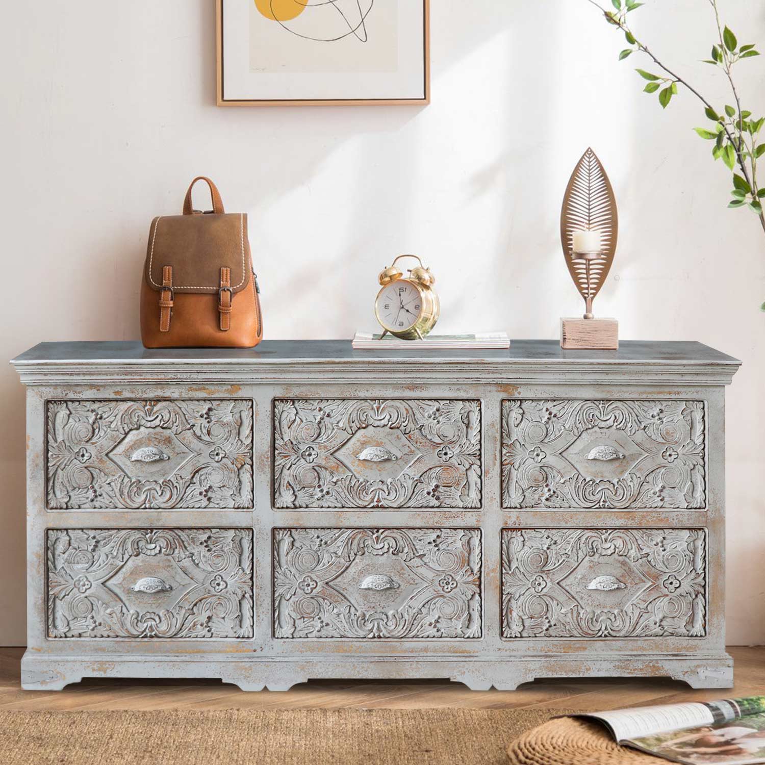 Elegant Carved 6 Drawers Solid Wood Dresser - Far Pavilions Elegant Carved 6 Drawers Solid Wood Dresser - Far Pavilions