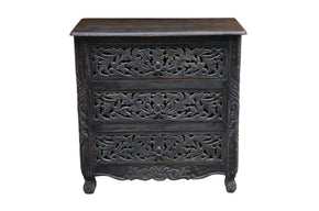 Carved 3 Drawers Black Solid Wood Nightstand Chest