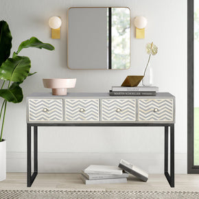 Bone Inlay Herringbone Console Table With 4 Drawers