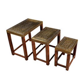 Elegant Brass Foil Cladded Solid Wood Nesting Tables ; Set of 3