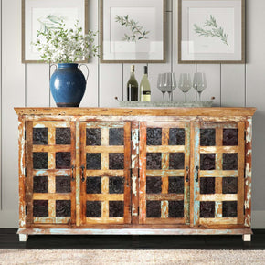 Farmhouse Mango Wood 4-Door Tall Sideboard With Fabric Stamps