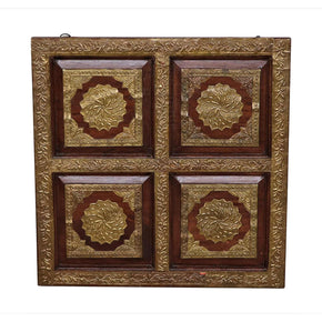 Elegant Embossed Brass Foil Square Teak Wood Wall Panel