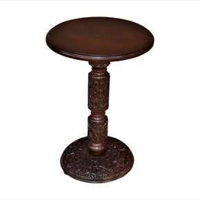Vintage Intricately Hand Carved Round Walnut Wood End Drink Table