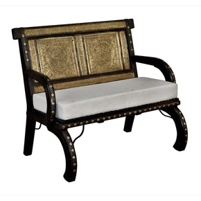 Eclectic Wooden Ornate Brass Accent Bench