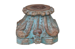 Antique Carved Column Base Distressed Blue Candlestand
